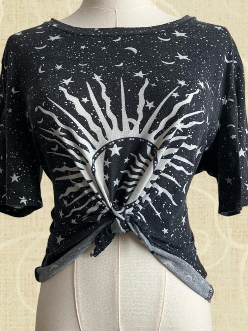 Black Celestial Sun Tie Front Graphic Top Small/Medium